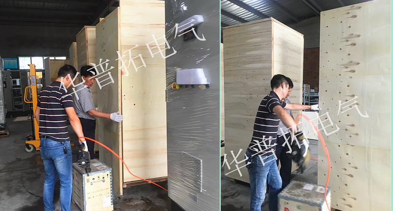 工人師傅在給電氣柜進行打包